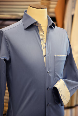 Blue Anto sport shirt featuring floral detail fabric, displayed on a mannequin.