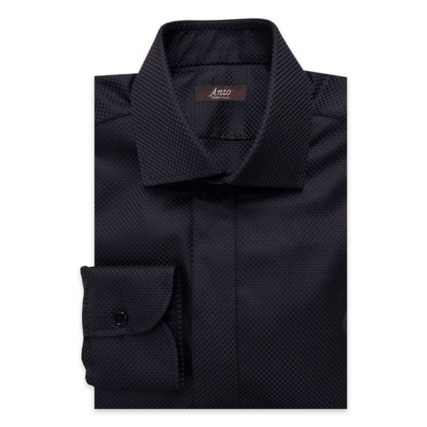 Black Basketweave Fly Front Dress Shirt