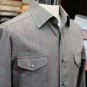 A gray and red glen plaid Anto shirt, displayed on a mannequin 