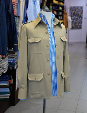 A khaki Anto jacket shirt with a blue check Anto shirt underneath, showcased on a mannequin.