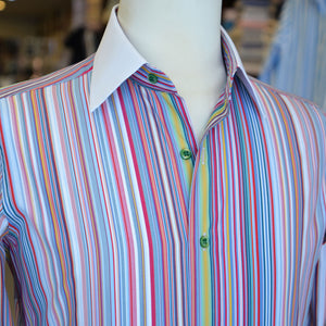 Multicolored striped shirt on a mannequin.