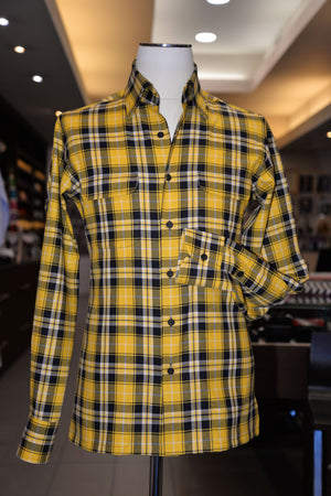 A yellow check Anto sport shirt, showcased on a mannequin.