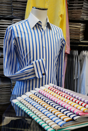 blue stripe dress shirt with different fabric color options on display