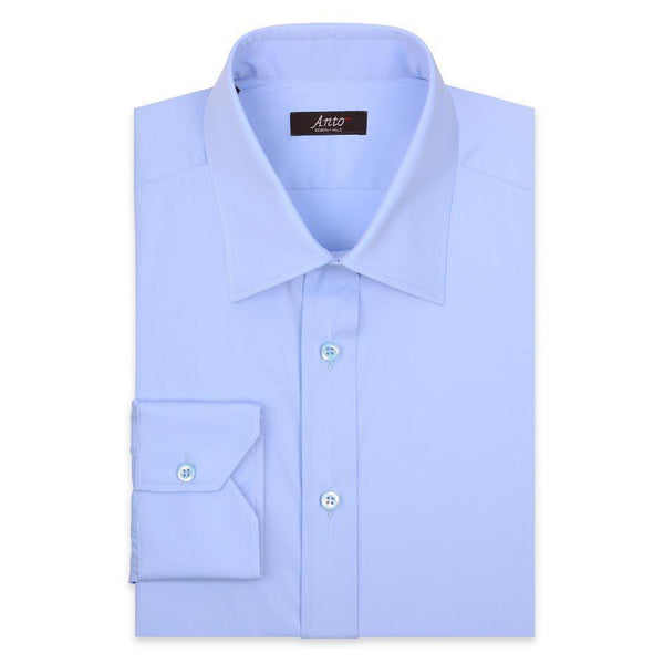 Anto blue poplin dress shirt, neatly folded, showcasing the fabric's texture and the shirt’s elegant design.