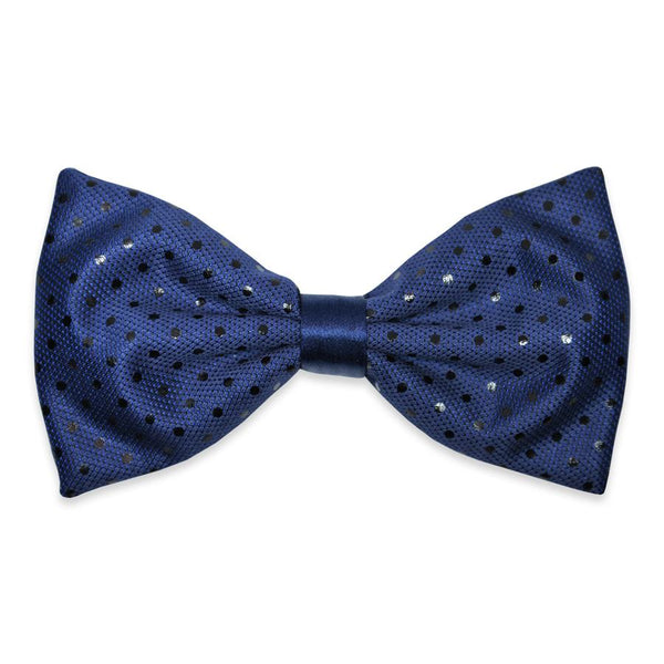 Anto navy polka dot wool silk blend bow tie, featuring a lustrous finish and elegantly displayed.