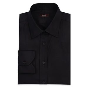 Anto black slim fit dress shirt, neatly folded, showcasing the fabric's smooth texture and elegant design.