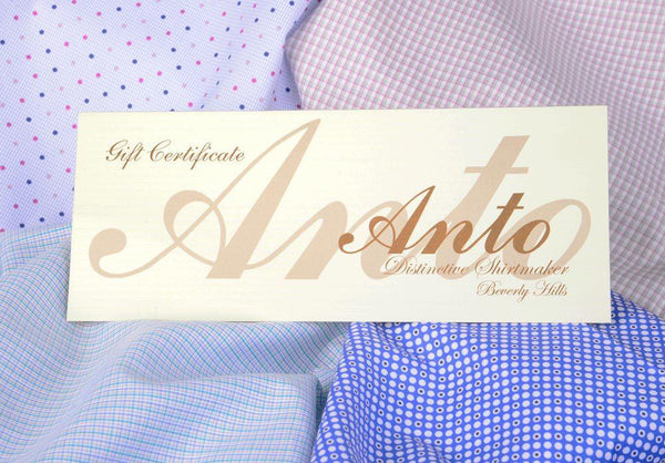Anto gift certificate with four different shirting fabrics in the background.